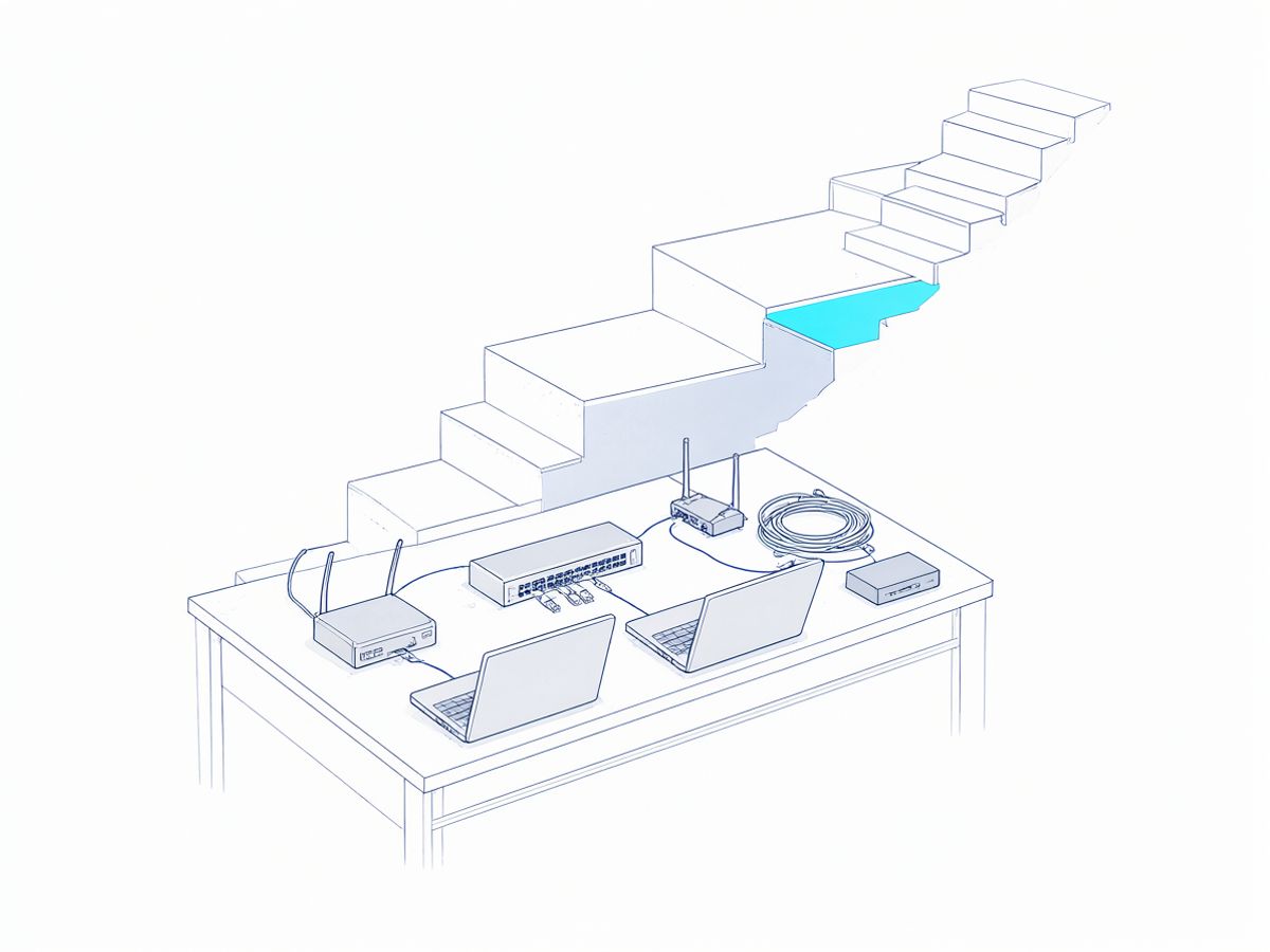 Lab bench with routers and laptops set up for hands-on exercises