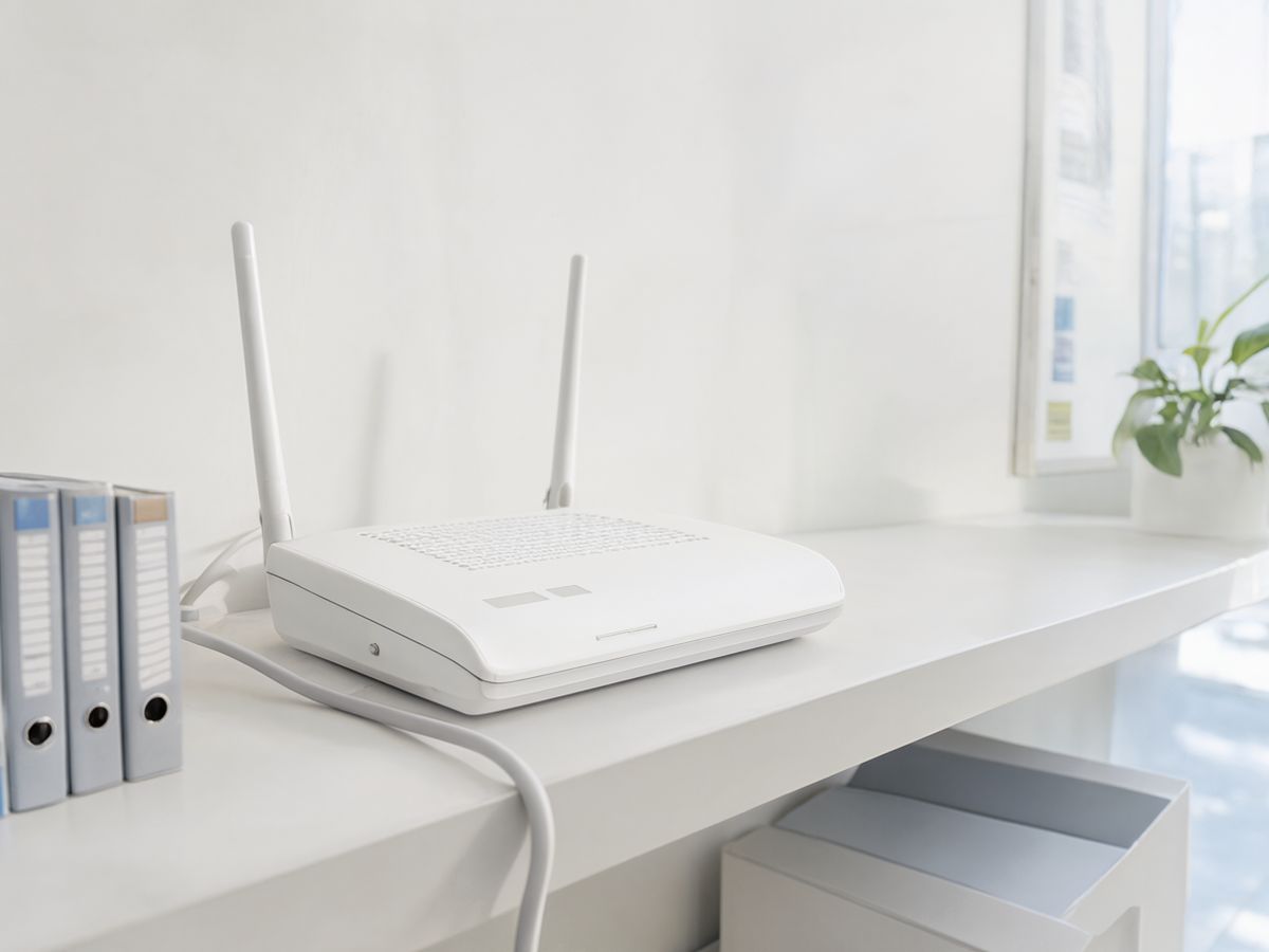 A small white router on a shelf in a bright clinic office