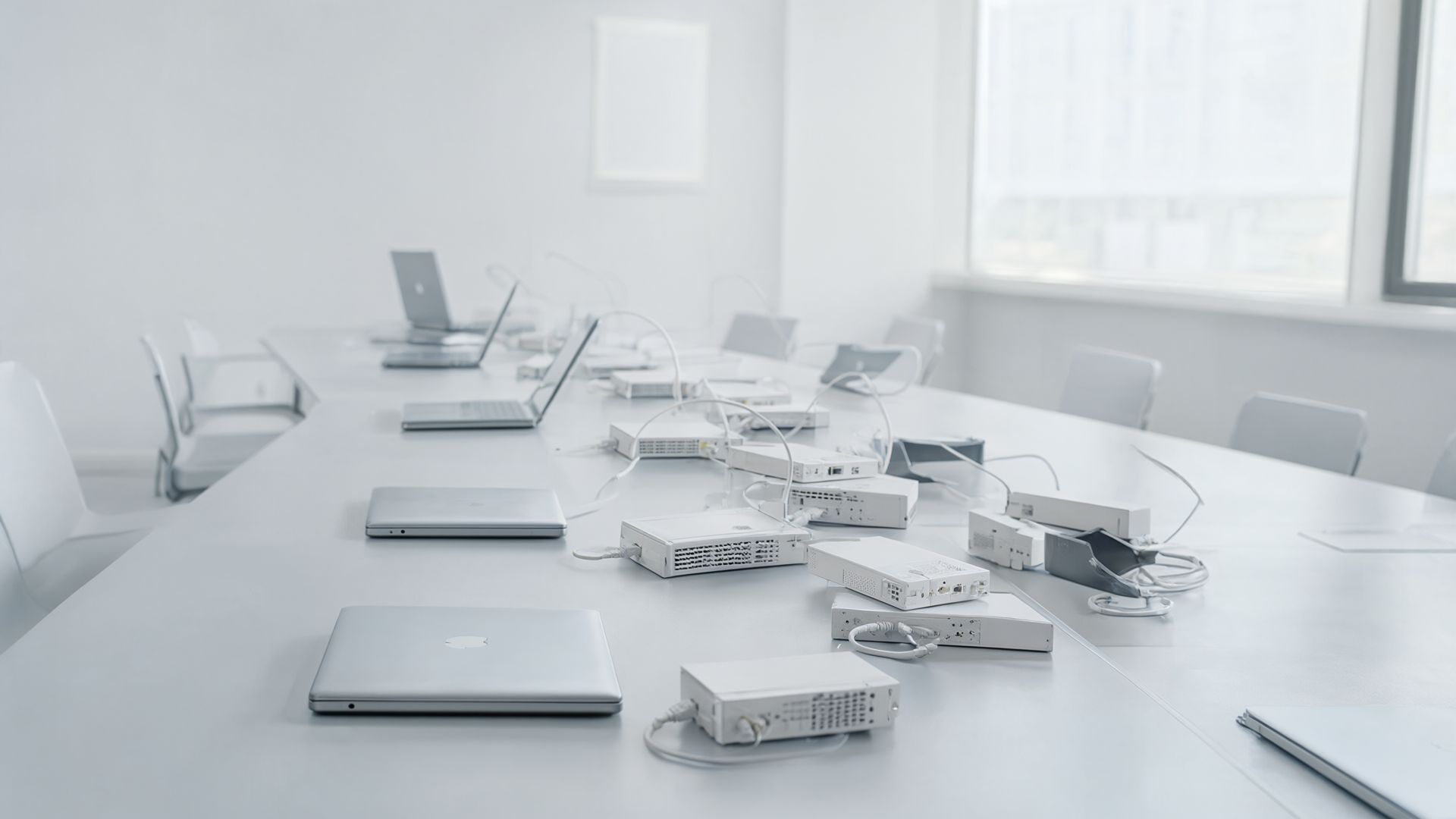 An empty networking classroom with routers