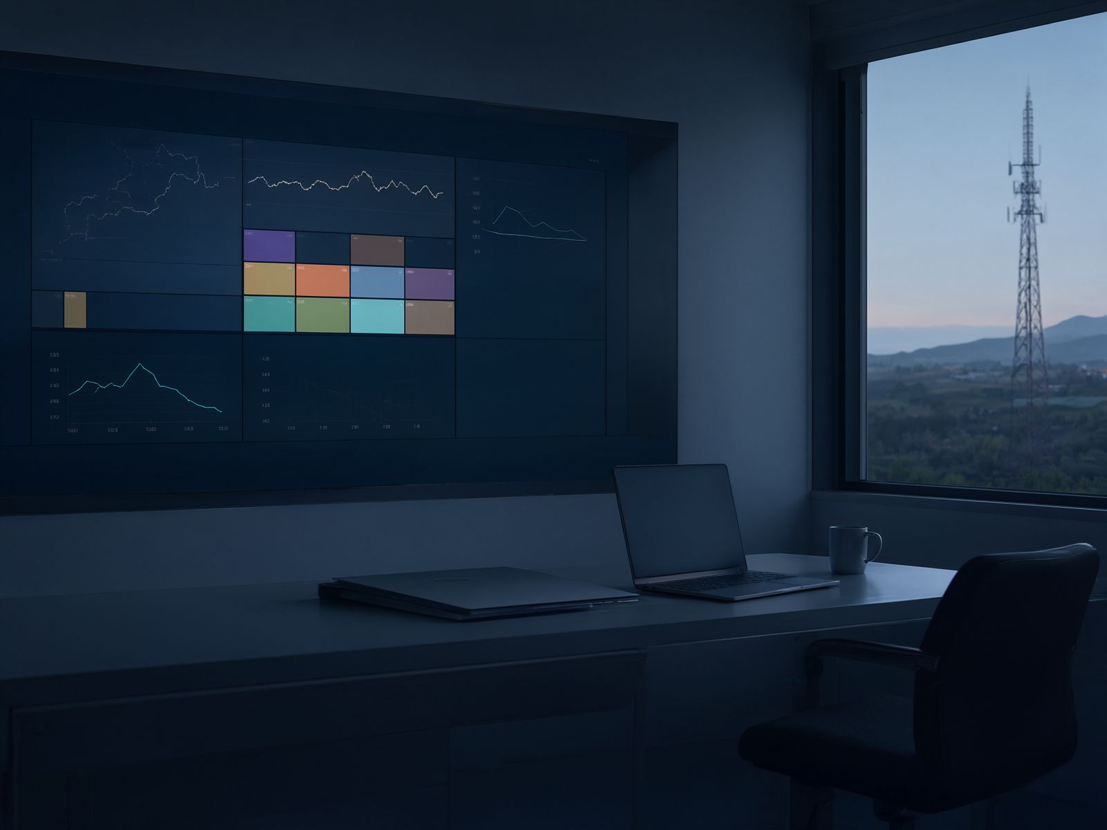 A small NOC corner at dusk with a wall display full of abstract status tiles and a tower seen through the window