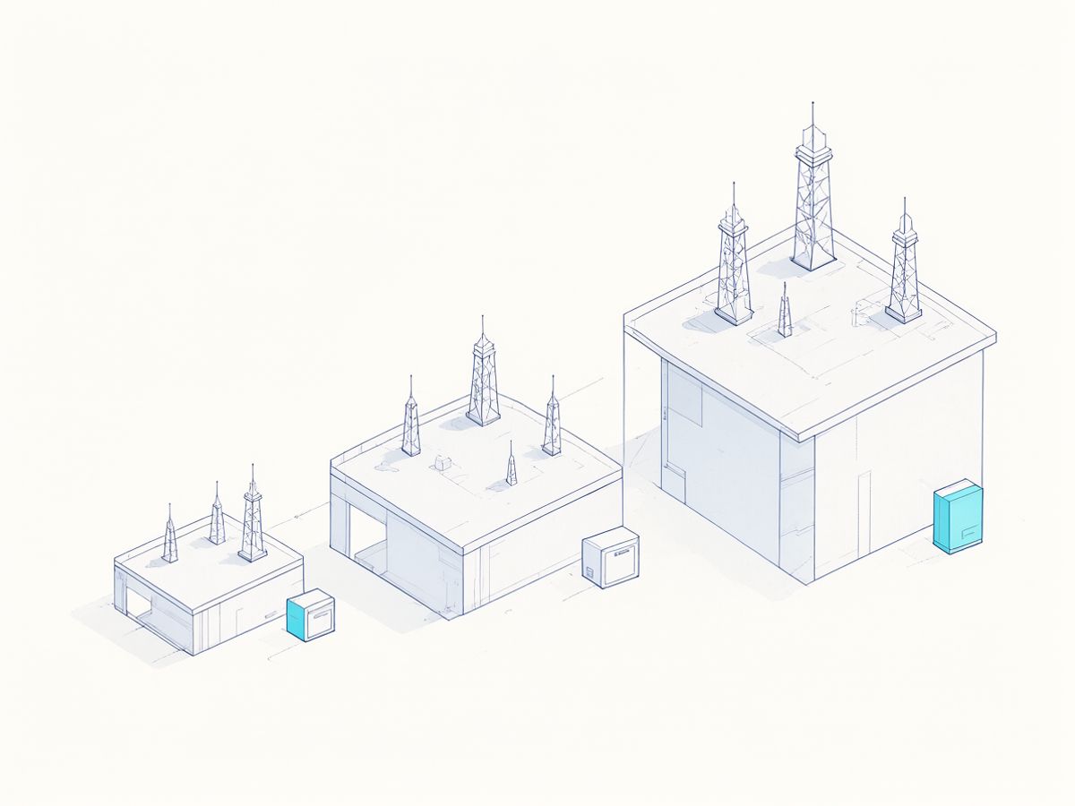 Illustration of three platforms of increasing size with more towers on each and a small appliance beside them