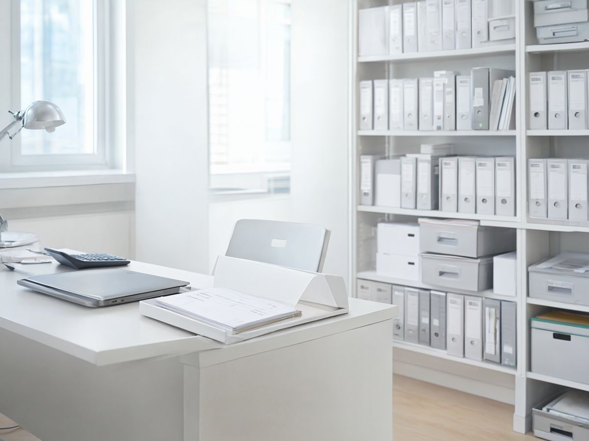 A bright accounting office with shelves of box files