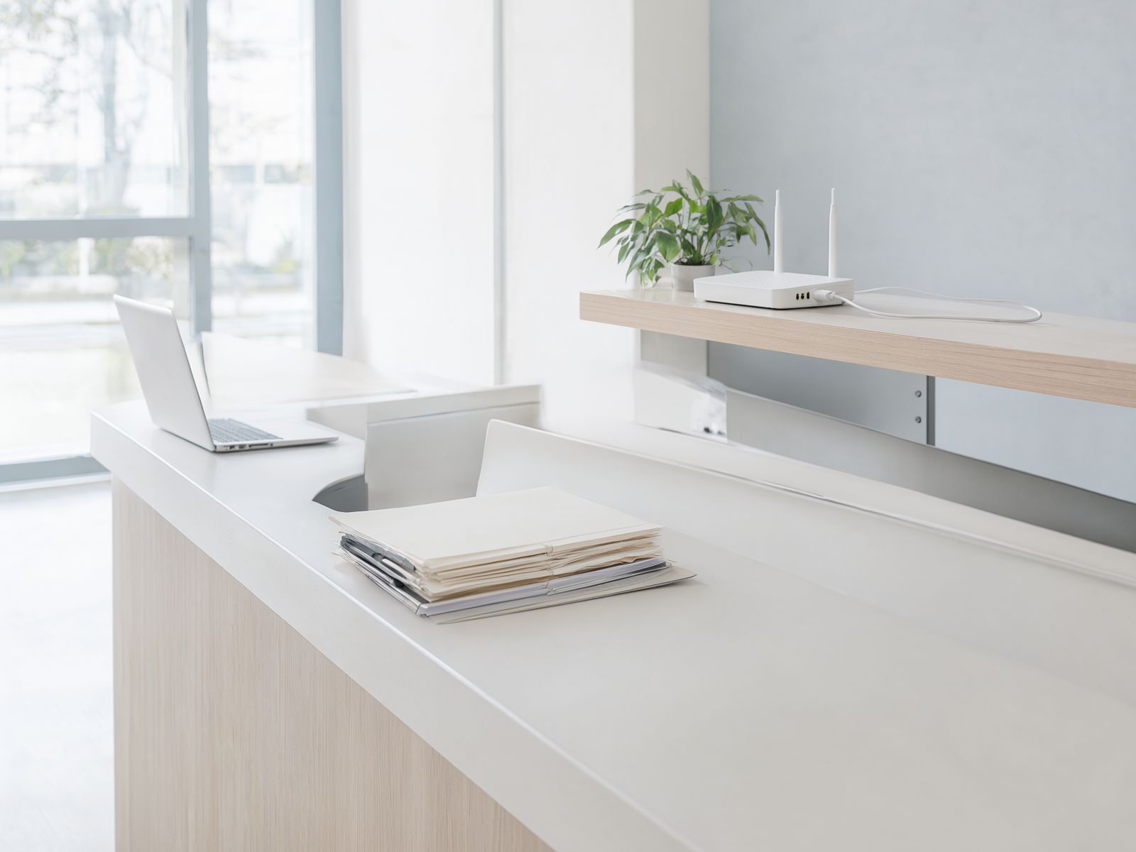 A bright clinic reception with a small white router on the shelf behind the desk