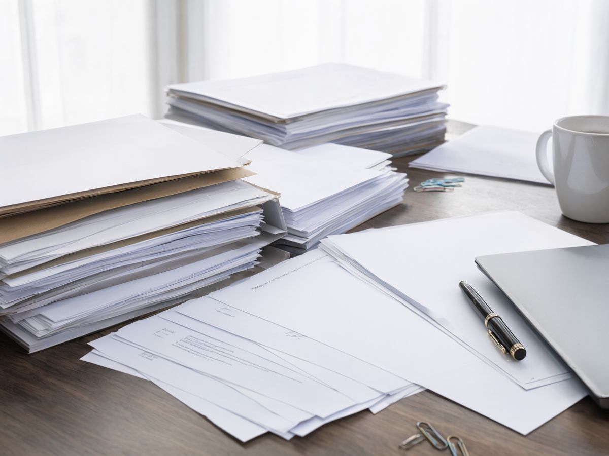A law-office desk with stacks of contracts and case files