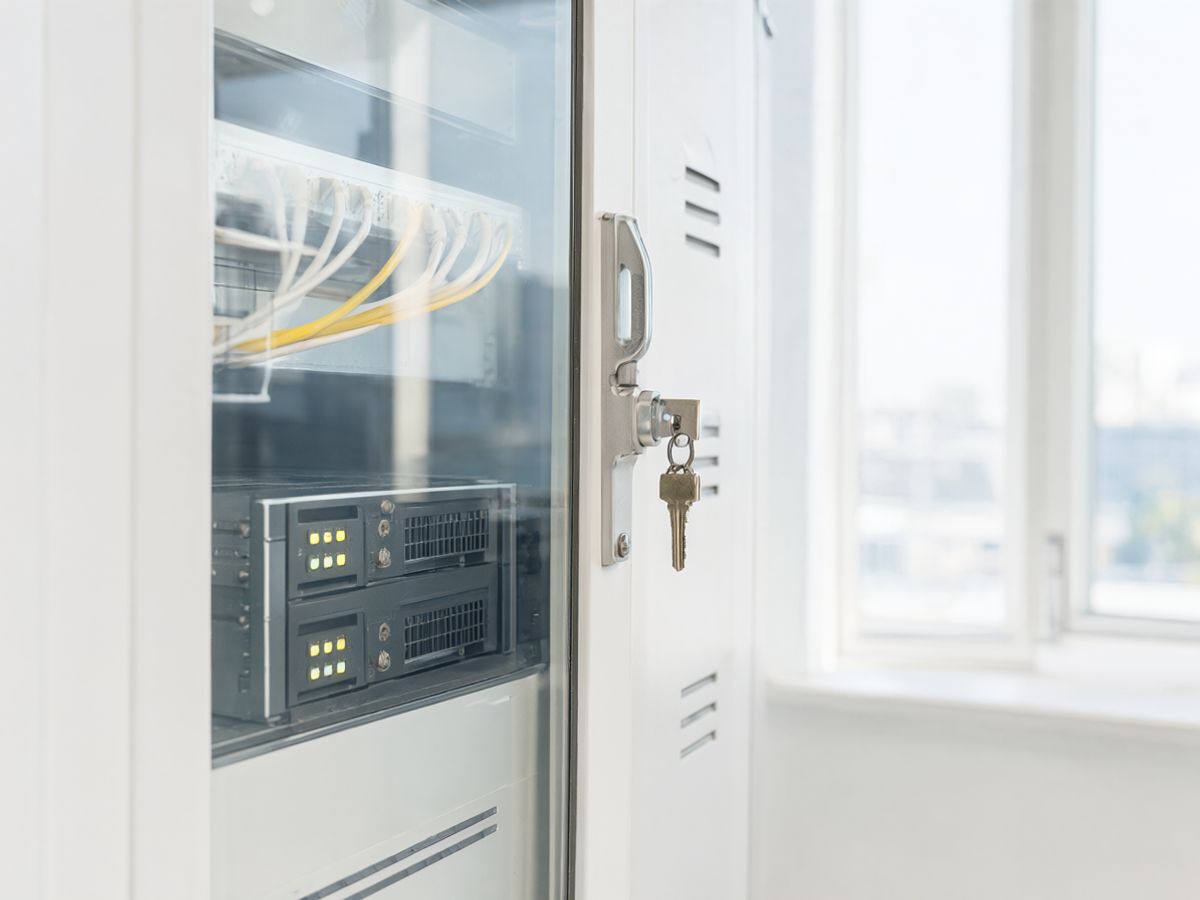 A locked glass-door server cabinet with a key in the lock