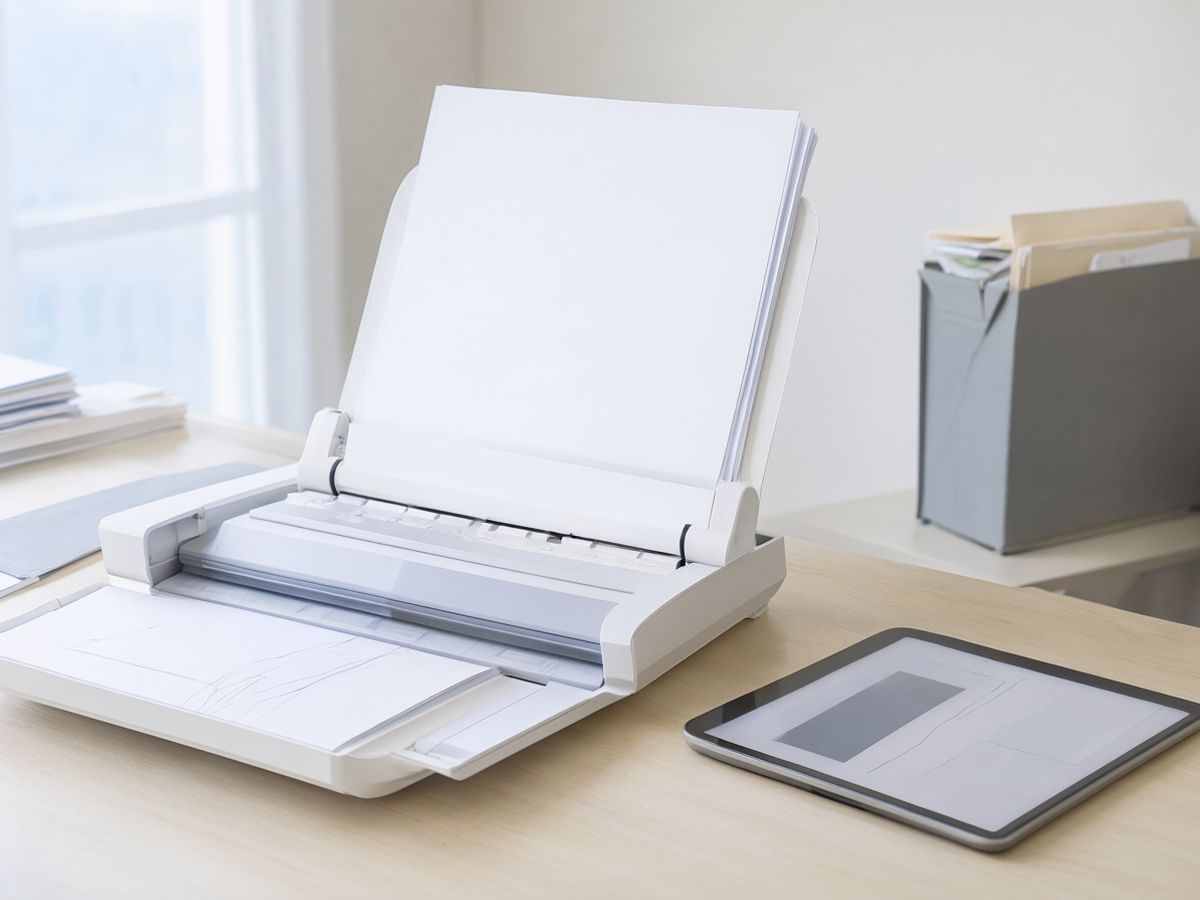 A desktop document scanner with a stack of paper in the feeder