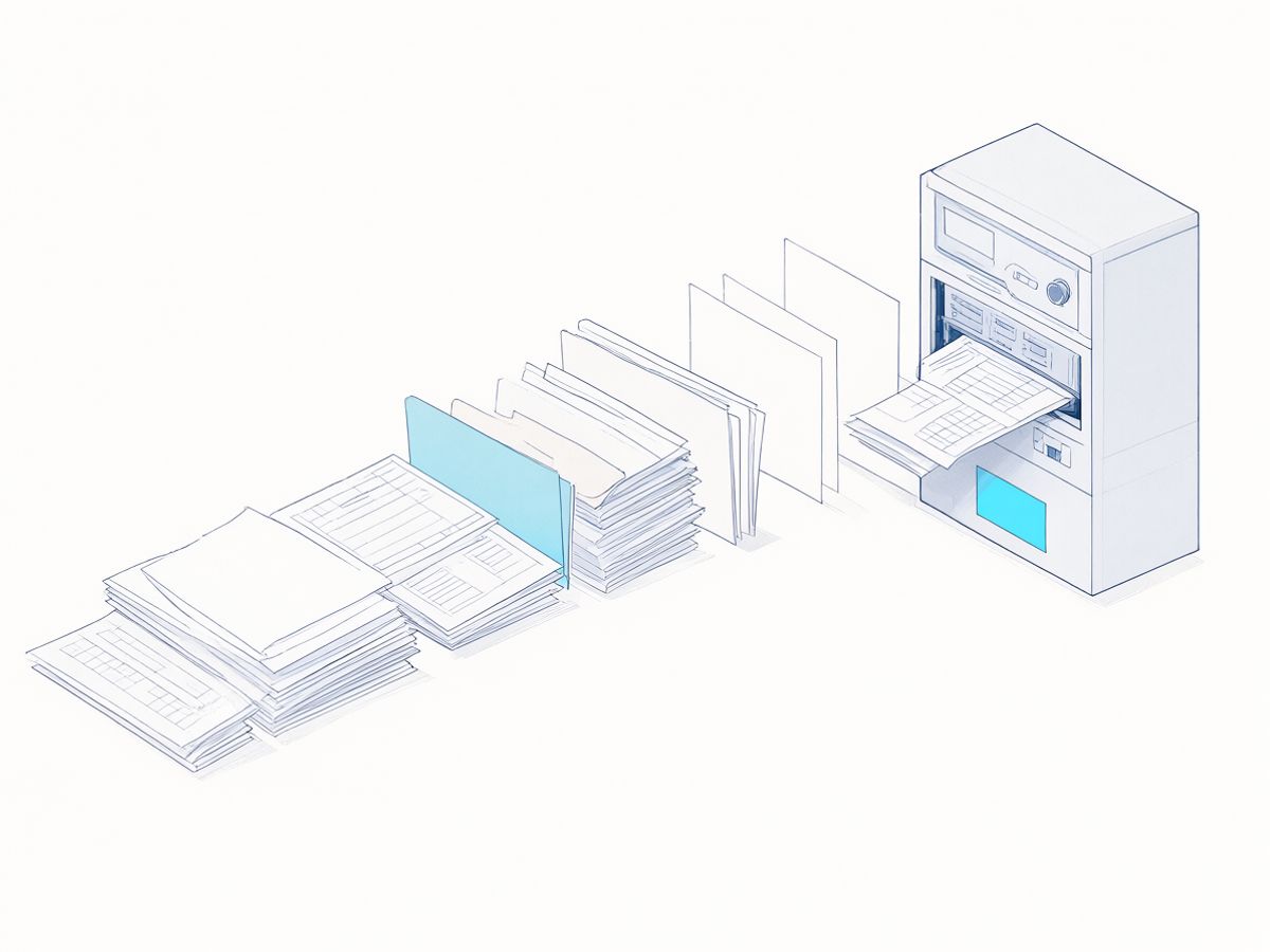 Illustration of documents and templates being loaded into a server
