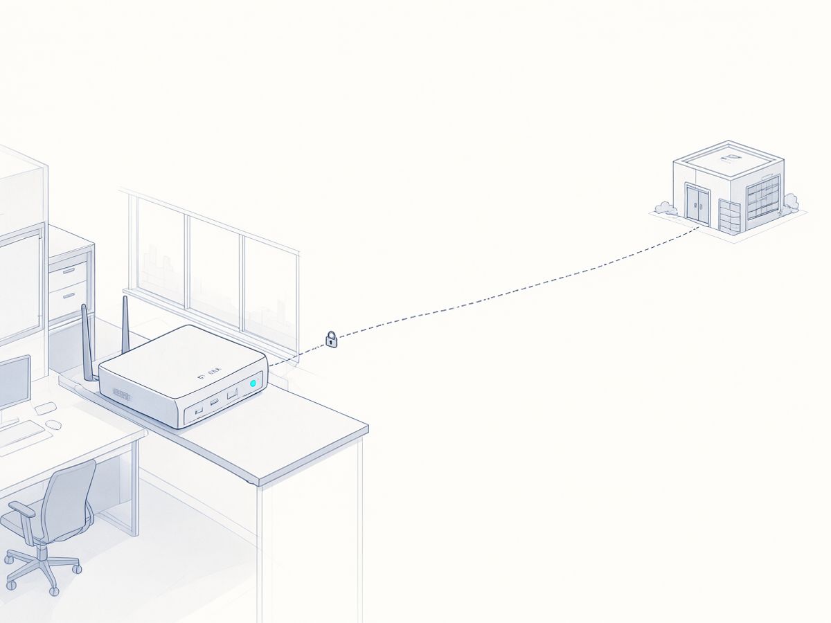 Illustration of a small router on an office shelf linked by a dashed line with a padlock to a distant data centre