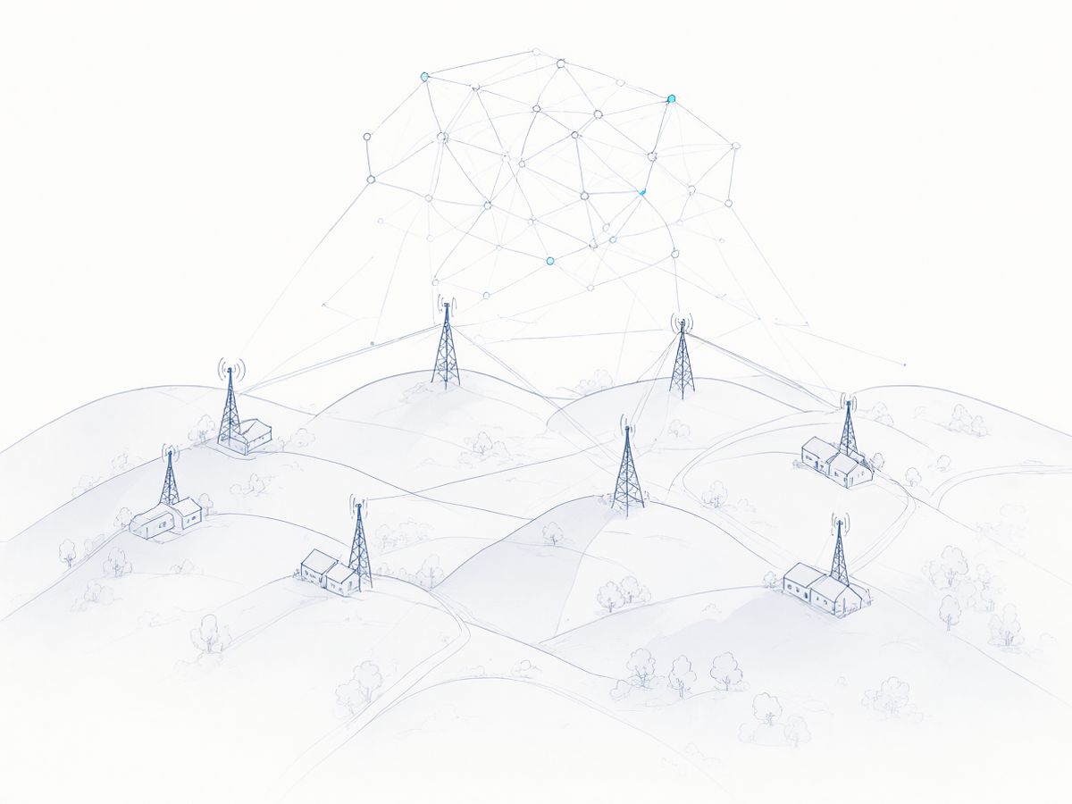 Illustration of a rural wireless network with towers linked into one whole