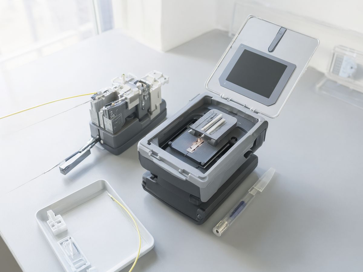 A fusion splicer for optical fibre on a work table